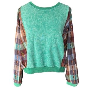 Promesa Green Acid Wash Sweatshirt Southwestern Boho Flannel Sleeves Size Medium
